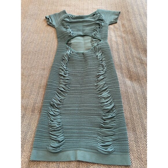 Ruched Teal Bodycon Dress With Cutout Back Short Sleeves & Stretch Fabric One Si - Picture 4 of 7